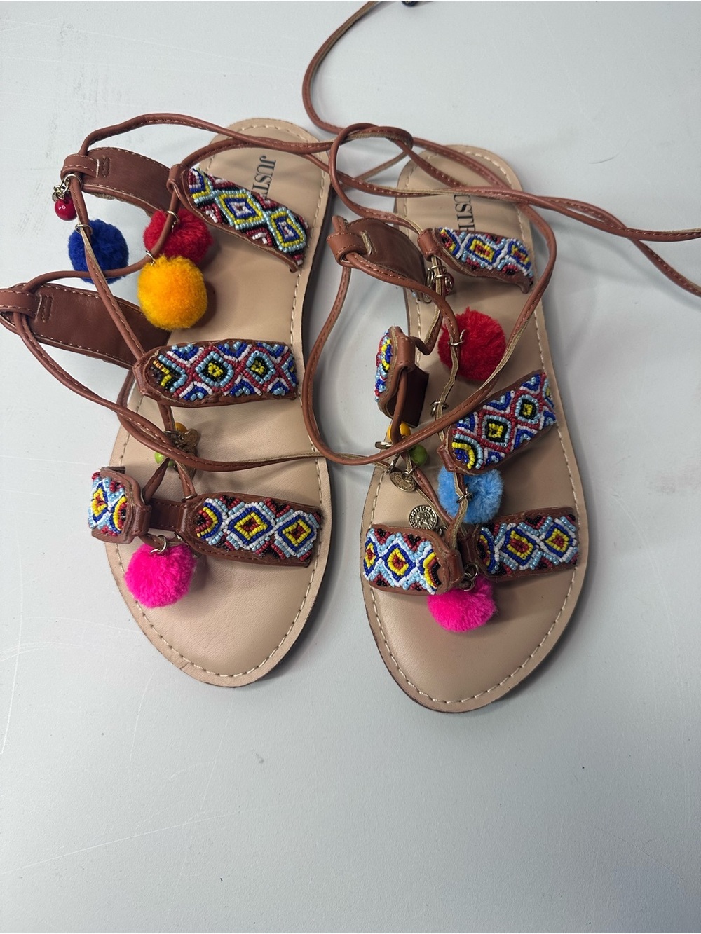 JustFab Multicolor Beaded Pom Pom Lace-Up Sandals - Brown
